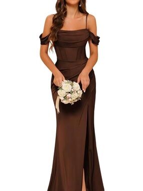 Elegant Brown Off-Shoulder Evening Gown